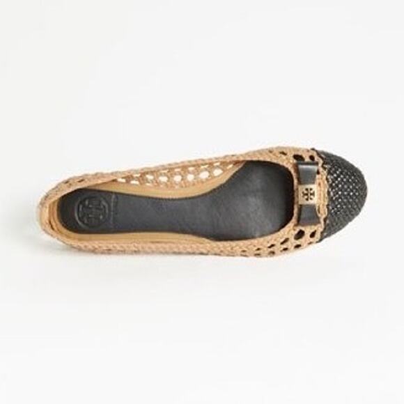 Tory Burch 6 Carlyle Woven Leather Ballerinas Ballet Flats Black Tan Logo Bow - Picture 11 of 14